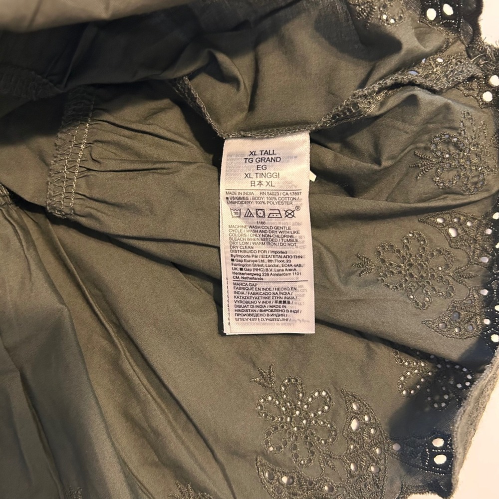 GAP Womens Olive‎ Green Eyelet Lace Puff Sleeve Belted Midi Dress XL TALL - Picture 12 of 13